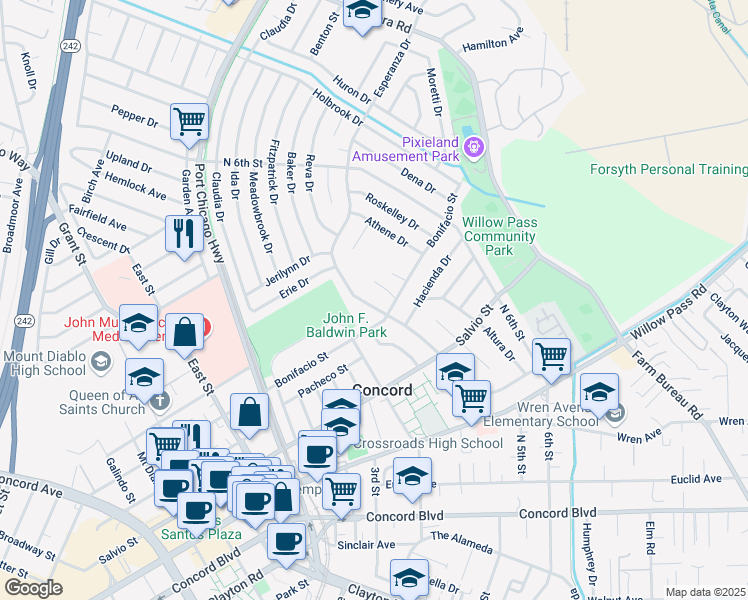 map of restaurants, bars, coffee shops, grocery stores, and more near 2918 Esperanza Drive in Concord