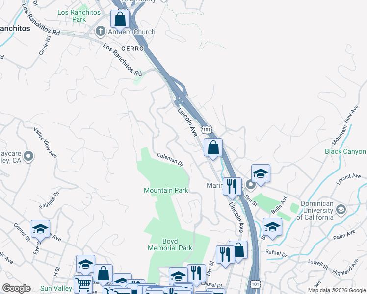map of restaurants, bars, coffee shops, grocery stores, and more near 253 Prospect Drive in San Rafael
