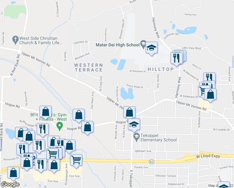 map of restaurants, bars, coffee shops, grocery stores, and more near North Woods Avenue in Evansville