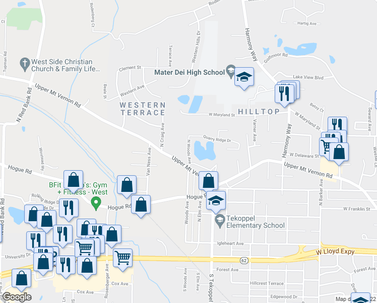 map of restaurants, bars, coffee shops, grocery stores, and more near  in Evansville