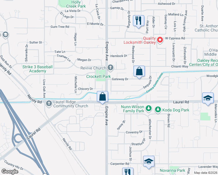 map of restaurants, bars, coffee shops, grocery stores, and more near 4086 Courtland Drive in Oakley