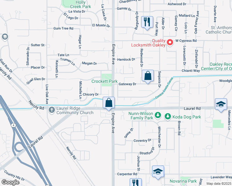map of restaurants, bars, coffee shops, grocery stores, and more near 4086 Courtland Drive in Oakley