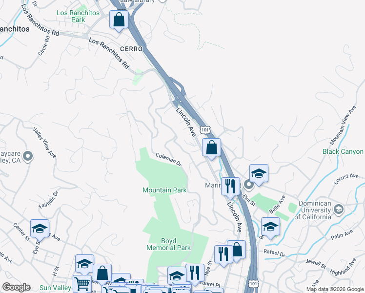 map of restaurants, bars, coffee shops, grocery stores, and more near 253 Prospect Drive in San Rafael