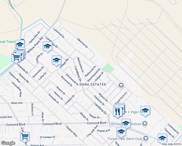 map of restaurants, bars, coffee shops, grocery stores, and more near 3934 Bellwood Drive in Concord