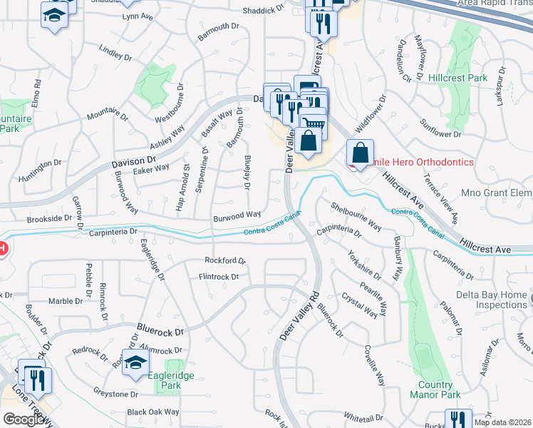 map of restaurants, bars, coffee shops, grocery stores, and more near 1016 Burwood Way in Antioch