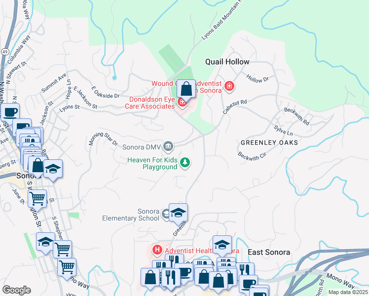 map of restaurants, bars, coffee shops, grocery stores, and more near 945 Morning Star Drive in Sonora