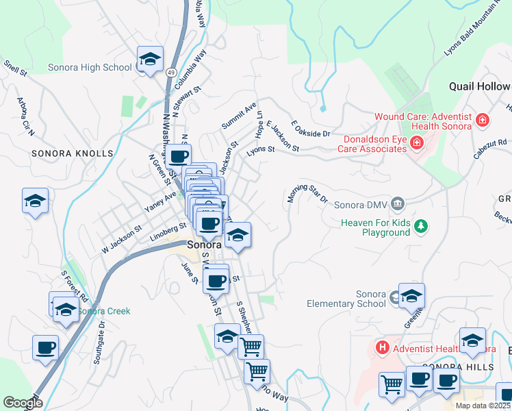 map of restaurants, bars, coffee shops, grocery stores, and more near 198 Theall Street in Sonora
