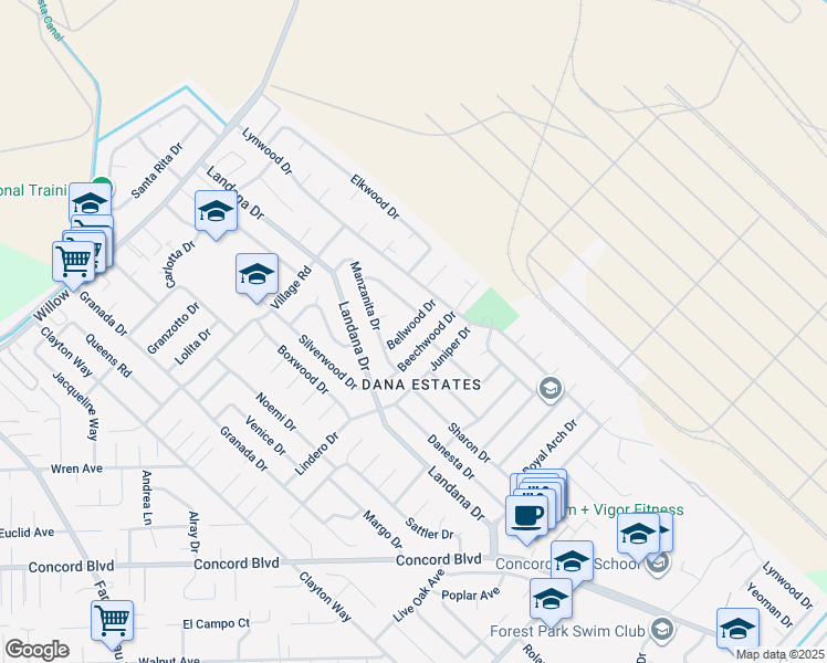 map of restaurants, bars, coffee shops, grocery stores, and more near 3934 Bellwood Drive in Concord