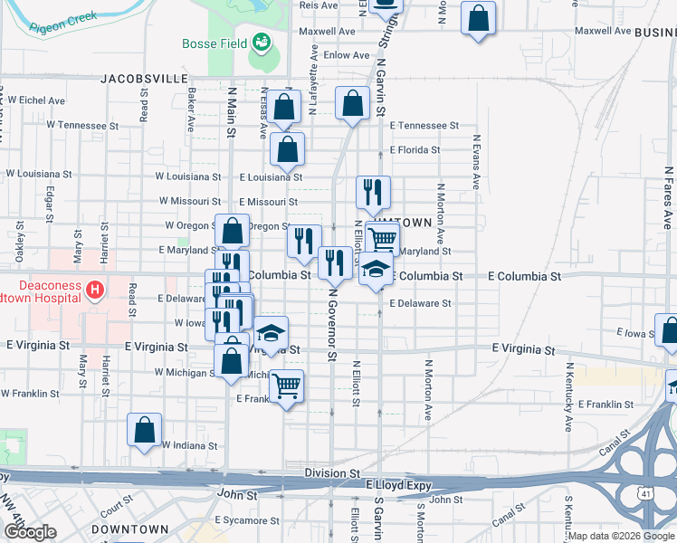 map of restaurants, bars, coffee shops, grocery stores, and more near 417 East Columbia Street in Evansville