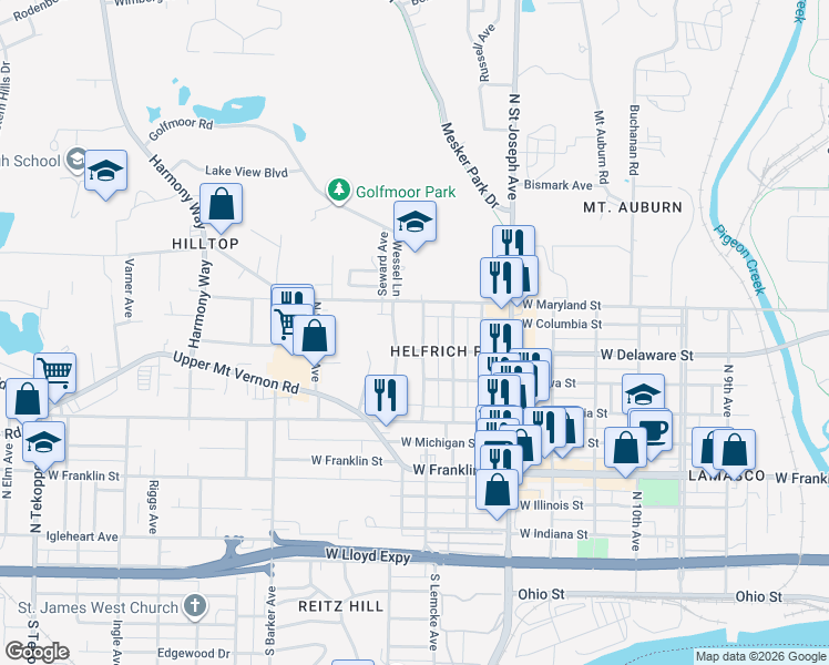 map of restaurants, bars, coffee shops, grocery stores, and more near 2611 West Delaware Street in Evansville