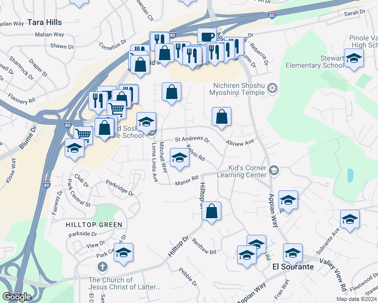 map of restaurants, bars, coffee shops, grocery stores, and more near 969 Kelvin Road in El Sobrante