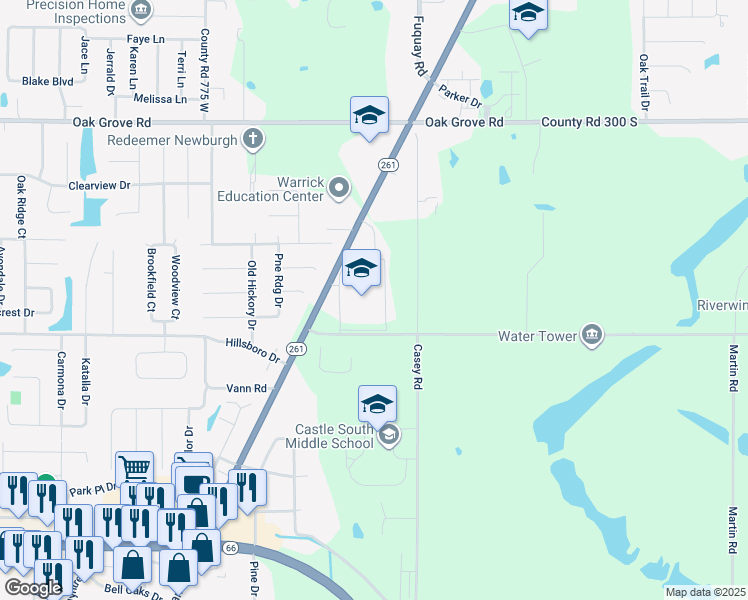 map of restaurants, bars, coffee shops, grocery stores, and more near 3344 Indiana 261 in Newburgh