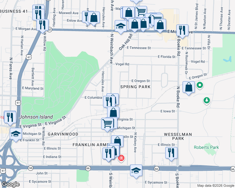 map of restaurants, bars, coffee shops, grocery stores, and more near 801 North Lincoln Park Drive in Evansville
