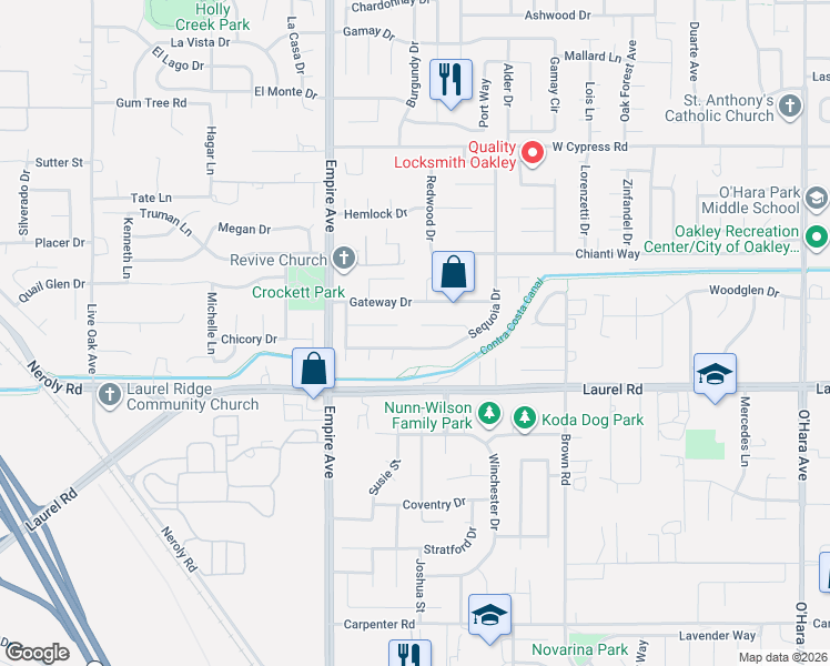 map of restaurants, bars, coffee shops, grocery stores, and more near 1743 Freeport Court in Oakley