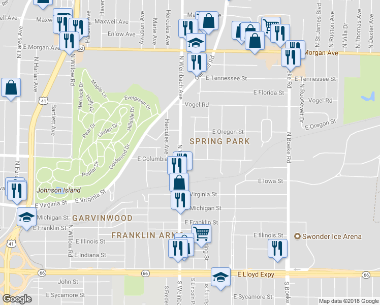 map of restaurants, bars, coffee shops, grocery stores, and more near 808 North Lincoln Park Drive in Evansville