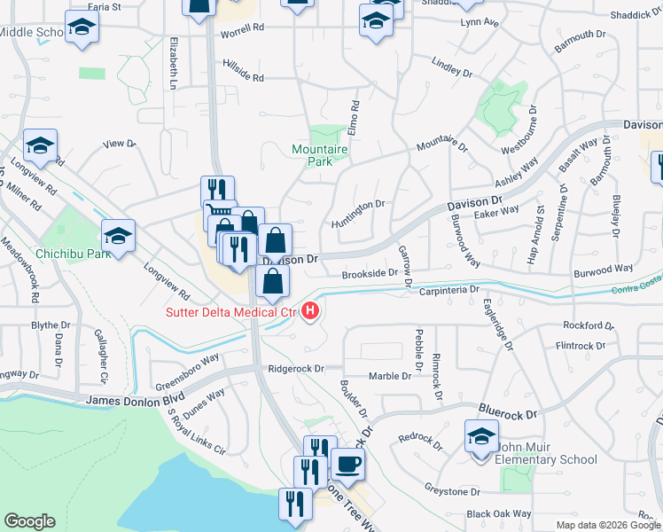 map of restaurants, bars, coffee shops, grocery stores, and more near 3705 Mountaire Drive in Antioch