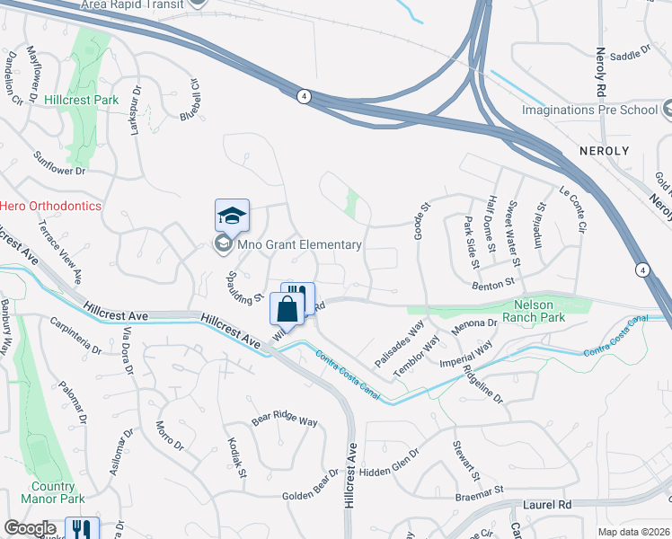 map of restaurants, bars, coffee shops, grocery stores, and more near 4105 Kern Street in Antioch