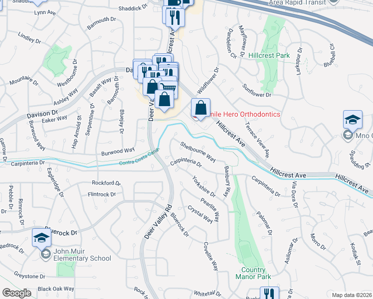 map of restaurants, bars, coffee shops, grocery stores, and more near 3905 Welch Way in Antioch