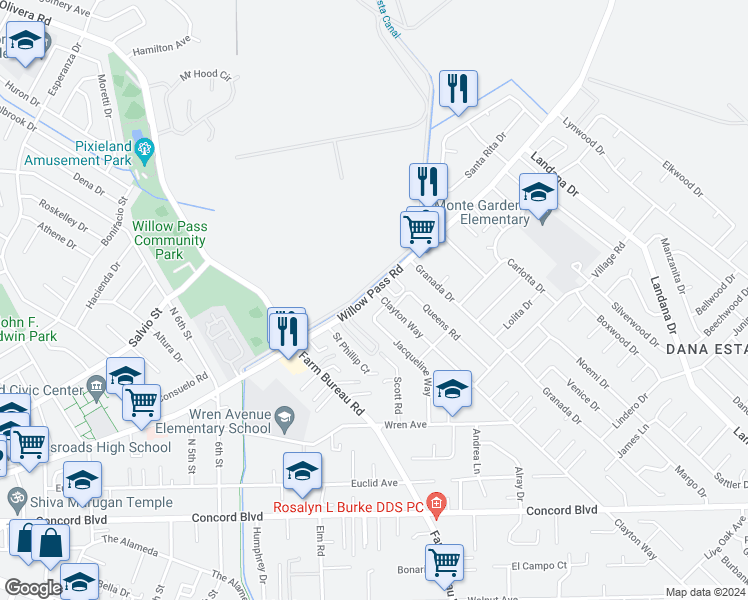 map of restaurants, bars, coffee shops, grocery stores, and more near 1905 Clayton Way in Concord