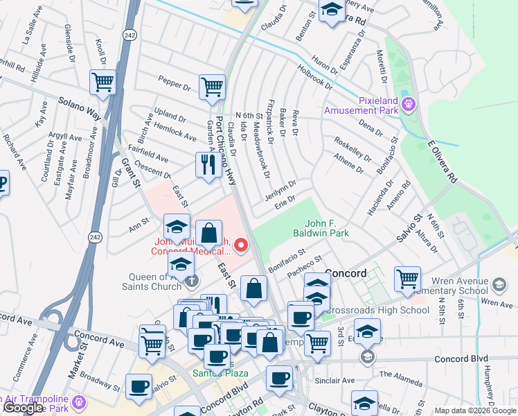 map of restaurants, bars, coffee shops, grocery stores, and more near 2525 Erie Drive in Concord
