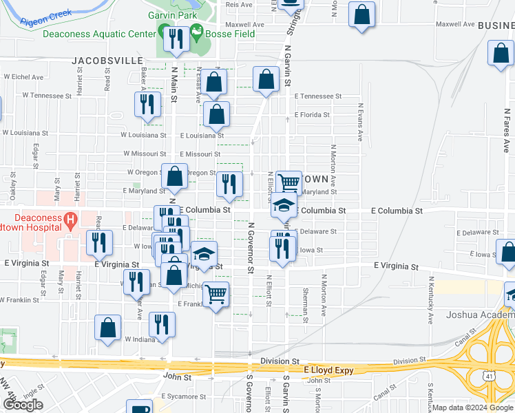 map of restaurants, bars, coffee shops, grocery stores, and more near 417 East Columbia Street in Evansville