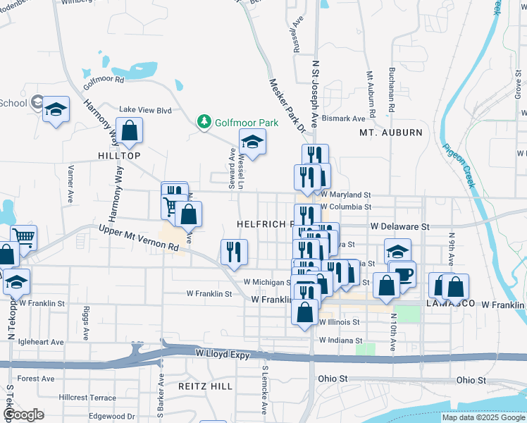 map of restaurants, bars, coffee shops, grocery stores, and more near 702 North Bell Avenue in Evansville