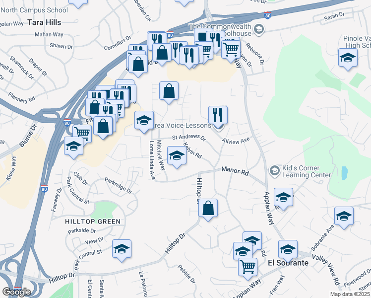 map of restaurants, bars, coffee shops, grocery stores, and more near 969 Kelvin Road in El Sobrante