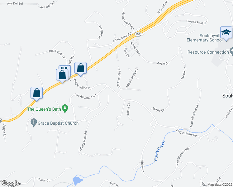 map of restaurants, bars, coffee shops, grocery stores, and more near 16545 Draper Mine Road in Sonora