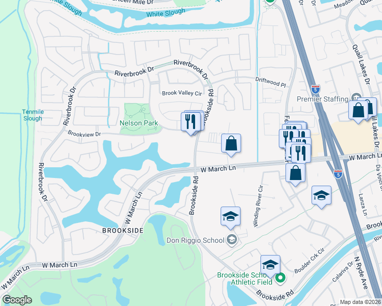 map of restaurants, bars, coffee shops, grocery stores, and more near 3409 Brookside Rd in Stockton