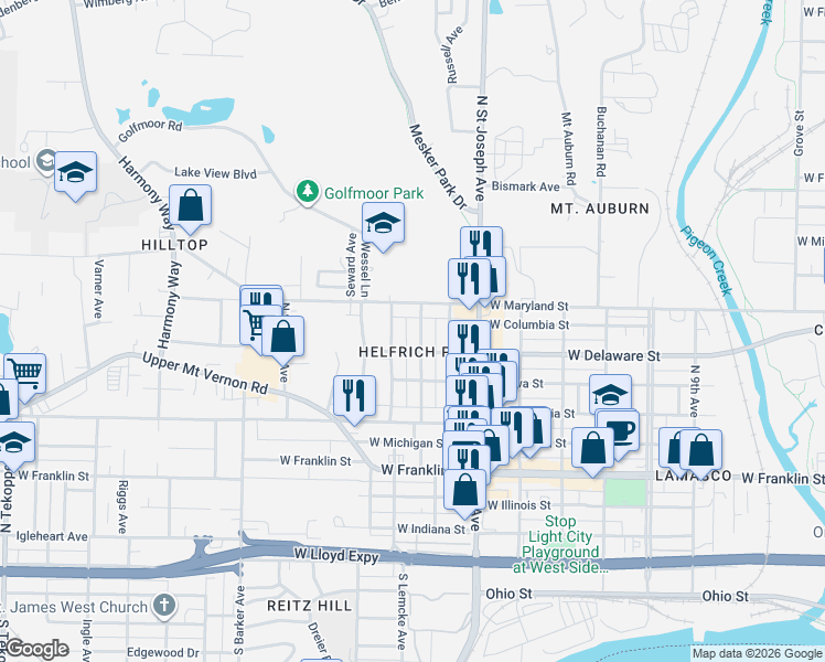 map of restaurants, bars, coffee shops, grocery stores, and more near 702 North Bell Avenue in Evansville