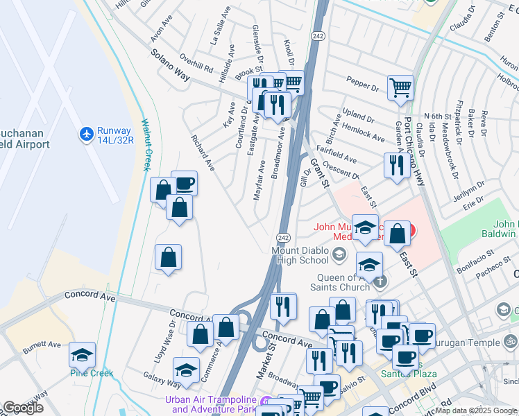 map of restaurants, bars, coffee shops, grocery stores, and more near 2666 Mayfair Avenue in Concord