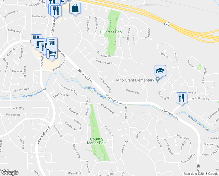map of restaurants, bars, coffee shops, grocery stores, and more near 3399 Terrace View Avenue in Antioch