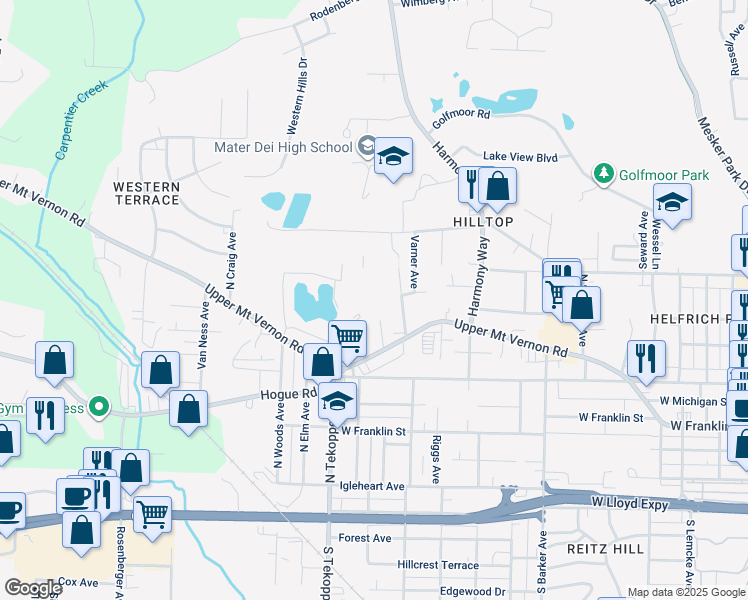 map of restaurants, bars, coffee shops, grocery stores, and more near 1018 Red Brick Court in Evansville