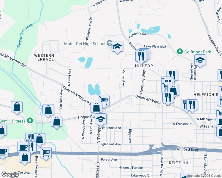 map of restaurants, bars, coffee shops, grocery stores, and more near 1004 Red Brick Court in Evansville