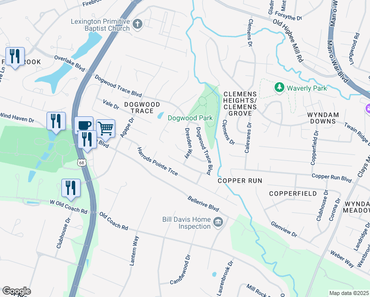 map of restaurants, bars, coffee shops, grocery stores, and more near 2125 Ladera Lane in Lexington