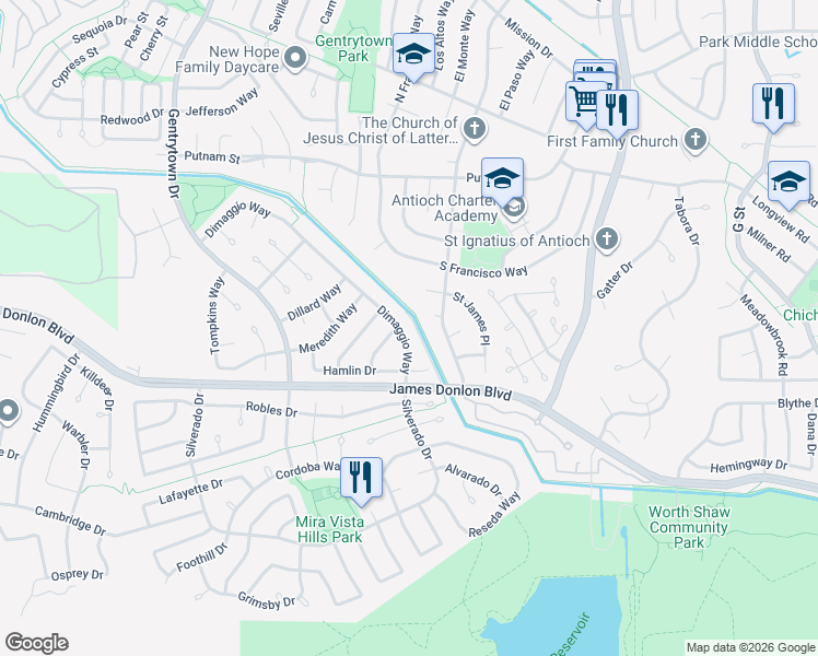 map of restaurants, bars, coffee shops, grocery stores, and more near 3705 Dimaggio Way in Antioch