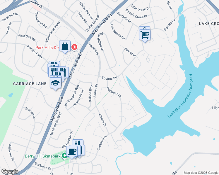 map of restaurants, bars, coffee shops, grocery stores, and more near 3216 Buckhorn Drive in Lexington