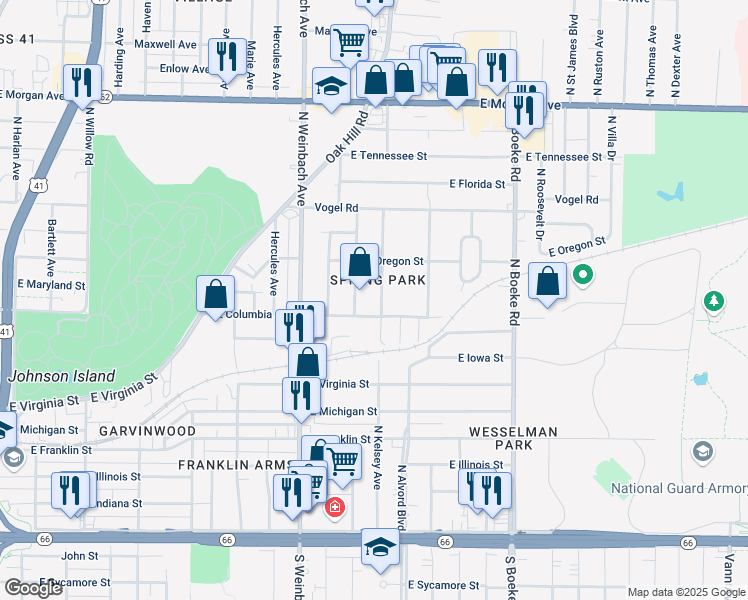 map of restaurants, bars, coffee shops, grocery stores, and more near 2050-2098 East Columbia Street in Evansville