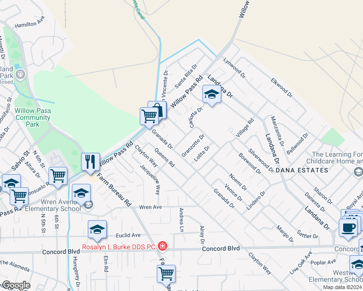 map of restaurants, bars, coffee shops, grocery stores, and more near 3612 Los Flores Avenue in Concord
