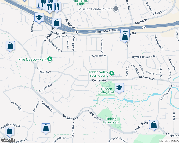 map of restaurants, bars, coffee shops, grocery stores, and more near 1602 Endriss Drive in Martinez