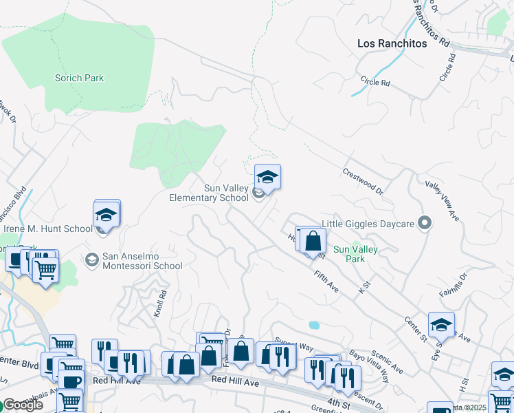 map of restaurants, bars, coffee shops, grocery stores, and more near 75 Happy Lane in San Rafael