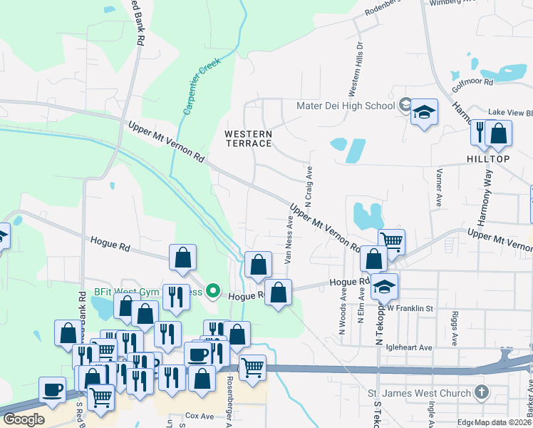 map of restaurants, bars, coffee shops, grocery stores, and more near 4128 Kedzie Avenue in Evansville