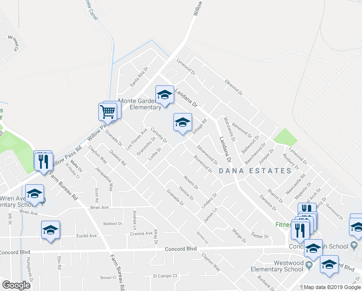 map of restaurants, bars, coffee shops, grocery stores, and more near 3684 Village Road in Concord