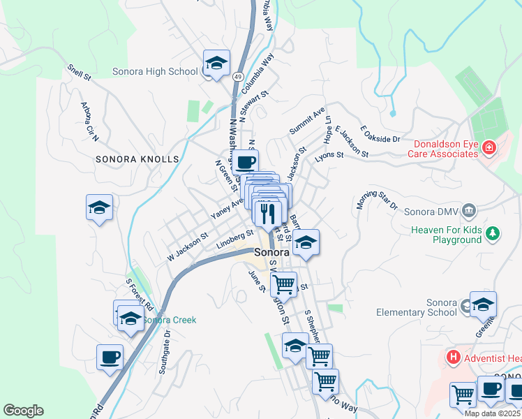 map of restaurants, bars, coffee shops, grocery stores, and more near 71 South Washington Street in Sonora