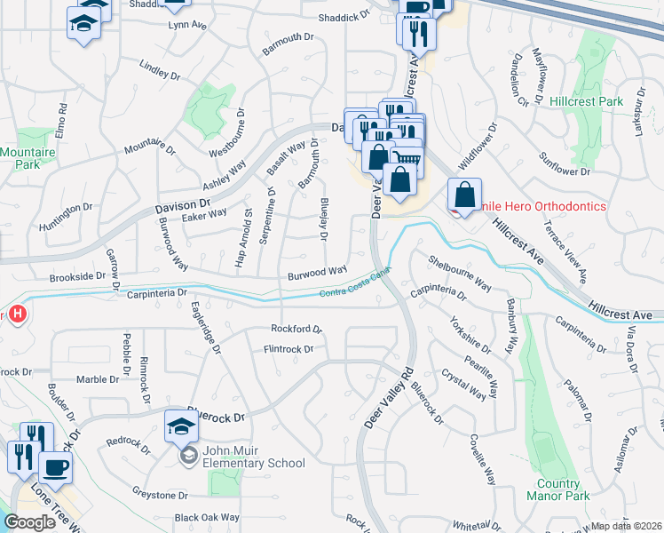 map of restaurants, bars, coffee shops, grocery stores, and more near 932 Burwood Way in Antioch