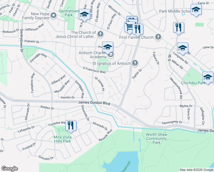 map of restaurants, bars, coffee shops, grocery stores, and more near 3720 Colonial Court in Antioch