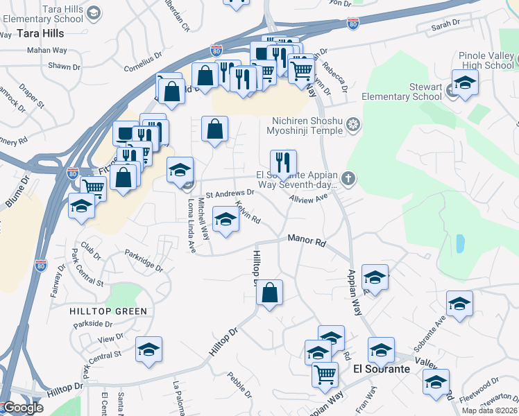 map of restaurants, bars, coffee shops, grocery stores, and more near 936 Kelvin Road in El Sobrante