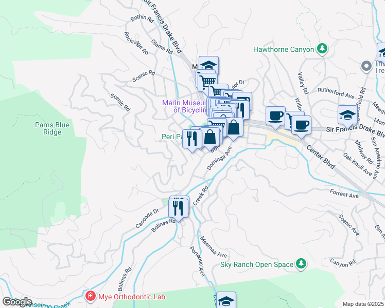 map of restaurants, bars, coffee shops, grocery stores, and more near 79 Frustuck Avenue in Fairfax