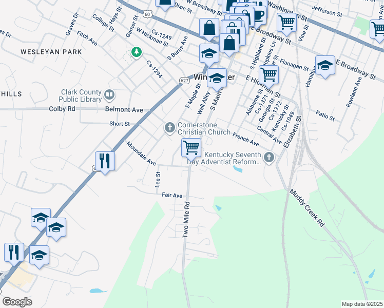 map of restaurants, bars, coffee shops, grocery stores, and more near 381 South Main Street in Winchester