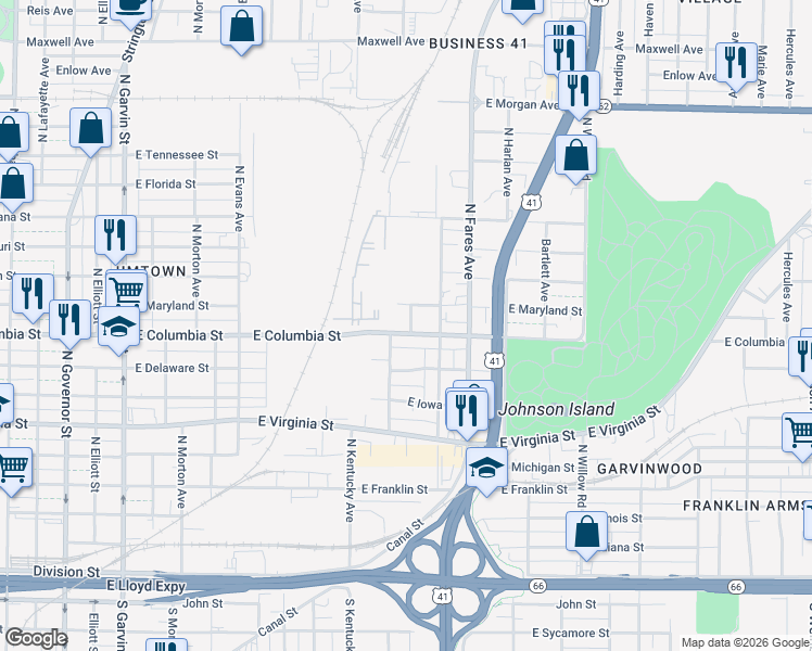map of restaurants, bars, coffee shops, grocery stores, and more near 717 North New York Avenue in Evansville